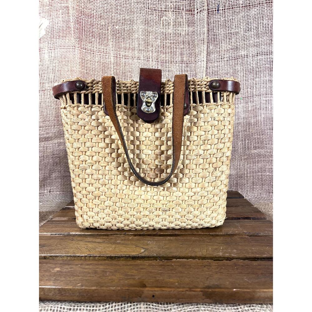 Vintage 60s JOHN ROMAIN Medium Handmade Straw Leather Satchel Bag Handbag~Italy